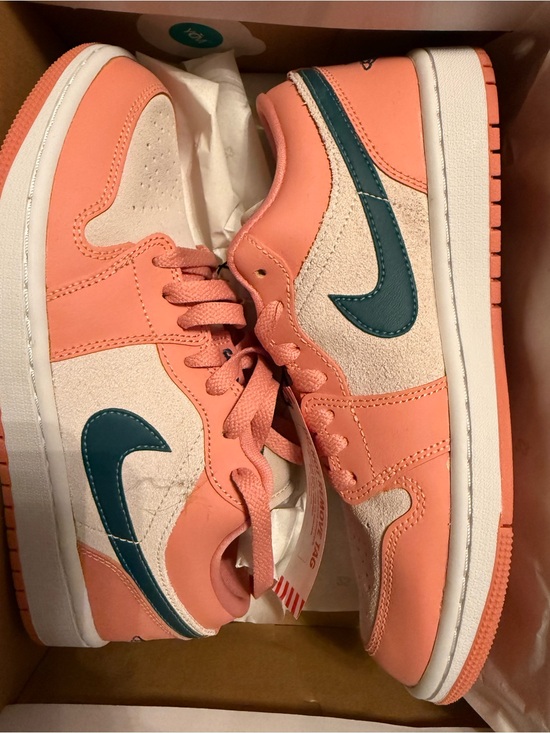 Jordan Shoes - Jordan Women’s Coral Pink Low-Top Sneakers with Teal Swoosh